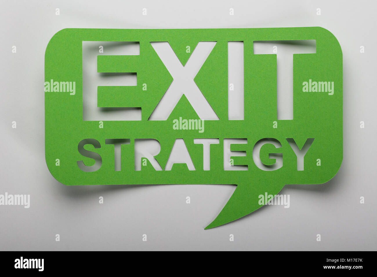 Elevated View Of Exit Strategy Text On Green Speech Bubbble Stock Photo