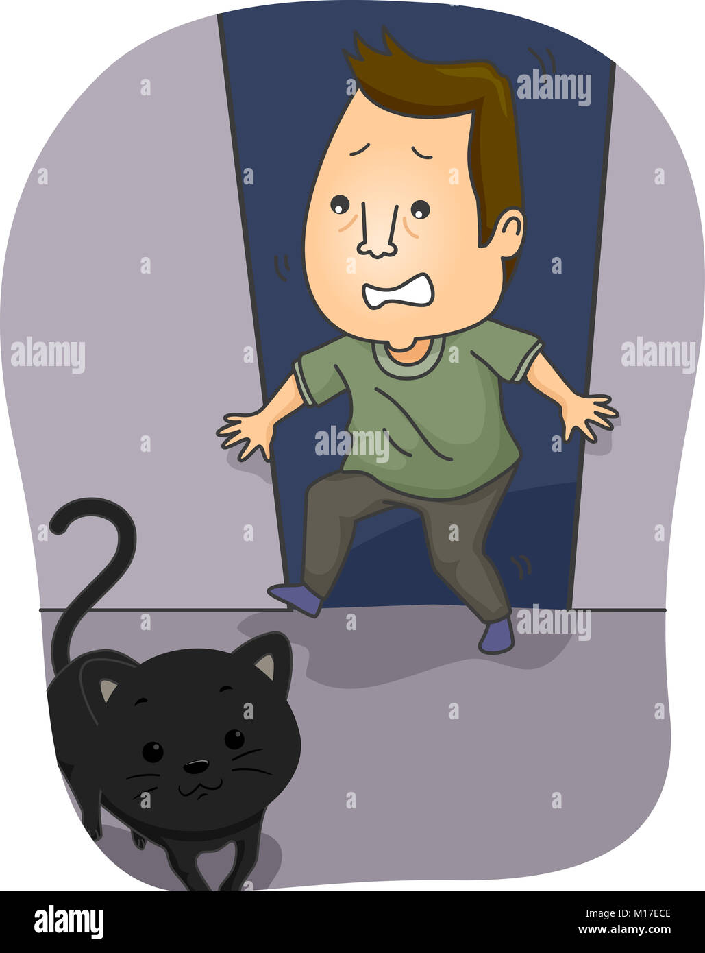 Illustration Featuring a Scared Man Panicking After Encountering a Black Cat Stock Photo