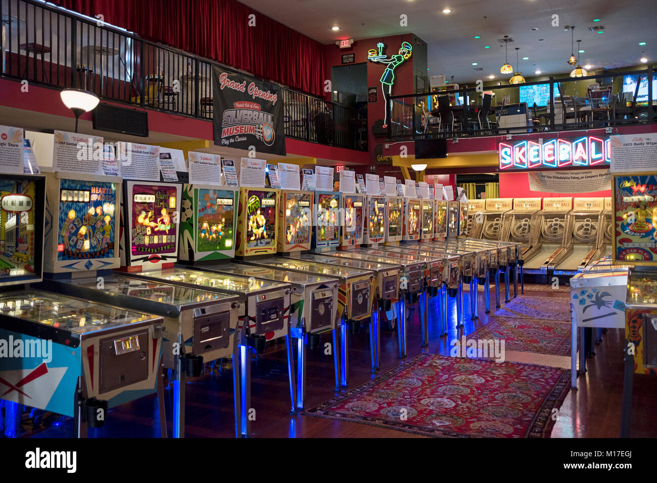 An interior view of many of the vintage 1970's pinball games at the Silverball Museum in Delray Beach, Florida, USA. Stock Photo