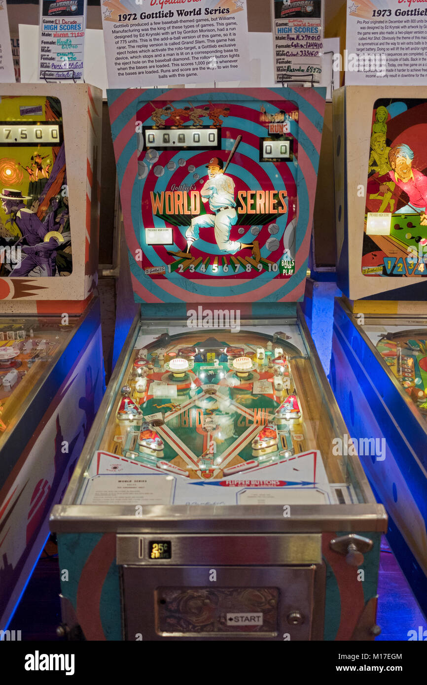 A 1972 Gottlieb World Series pinball game on display at the Silverball Museum in Delray Beach, Florida, USA. Stock Photo