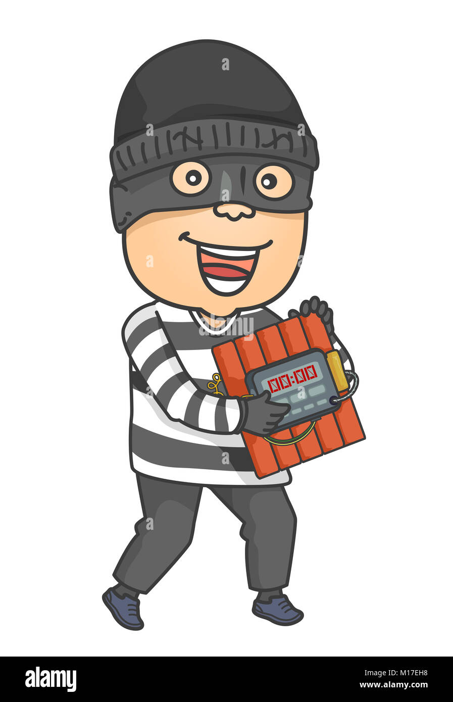 Illustration of a Man in a Ski Mask Carrying a Dynamite Bomb Setting the Detonator Stock Photo