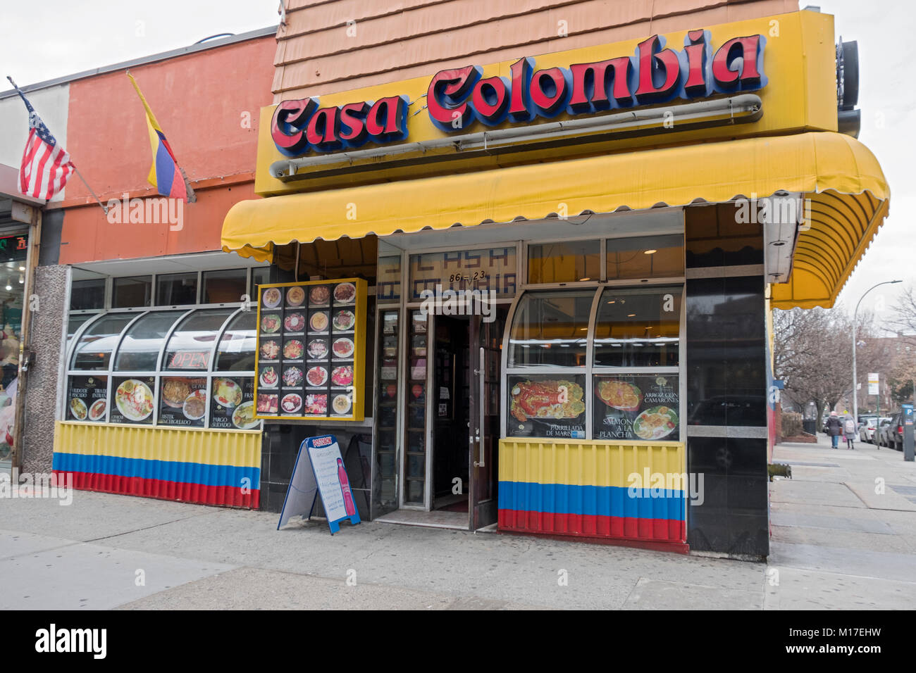The exterior of Casa Columbia, a Columbian restaurant on Roosevelt Avenue in Jackson Heights, Queens, New York Stock Photo