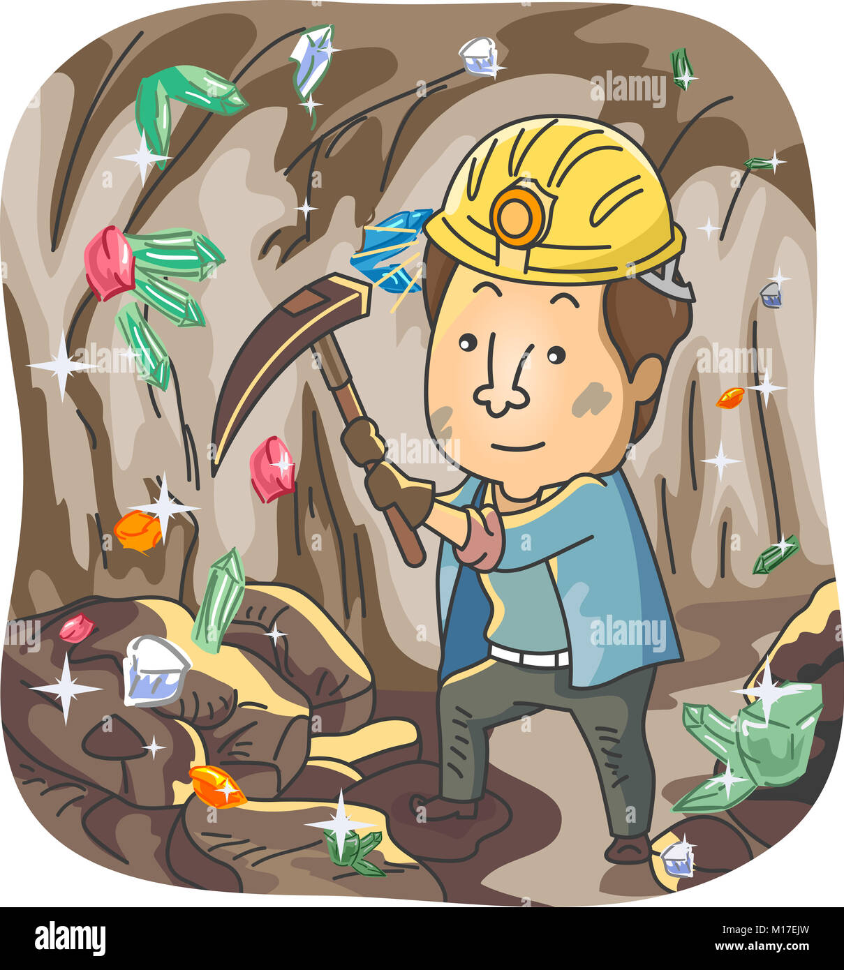 Illustration Featuring a Man Dressed as a Miner Using a Pick Axe to Dig Out Colorful Crystals Stock Photo
