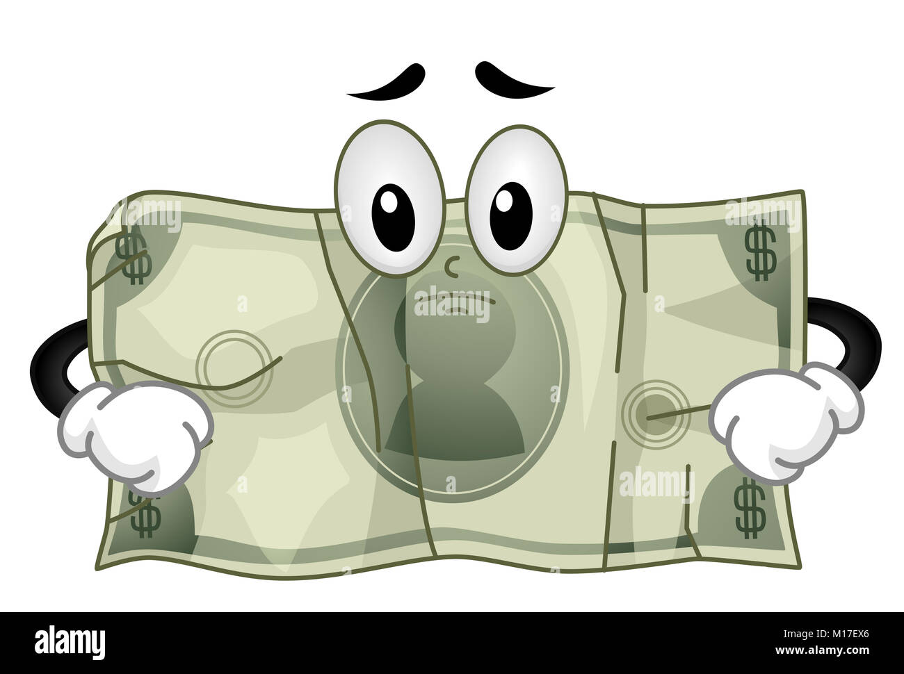 Illustration of a Sad and Crumpled Money Bill Mascot Stock Photo