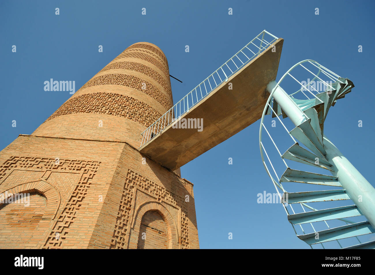 Novel stair addition to very old the Burana Tower in Kyrgyzstan Stock Photo