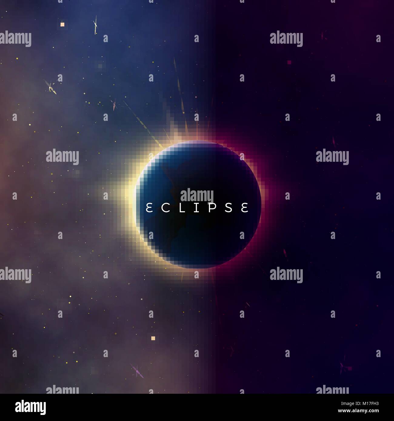 Solar eclipse. Abstract astral universe background. Rays of starlight burst out from behind the planet. Astronomy effect - sun eclipse. Vector illustr Stock Vector