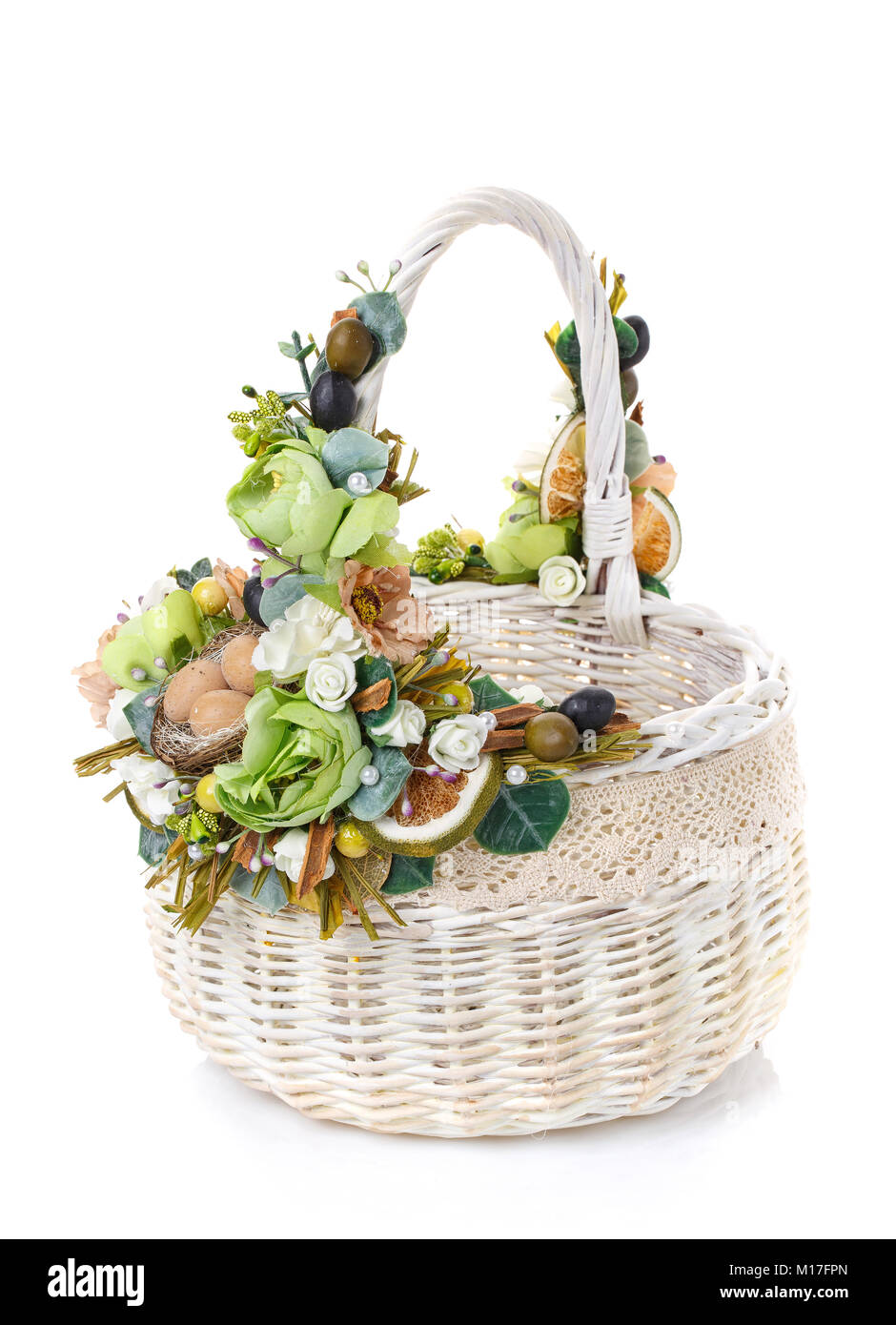 wicker basket decorated with flowers isolated on white Stock Photo - Alamy