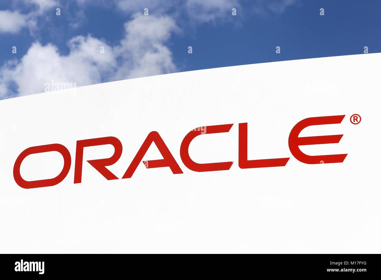 Ballerup, Denmark - September 10, 2017: Oracle logo on a panel. Oracle Corporation is an American multinational computer technology corporation Stock Photo