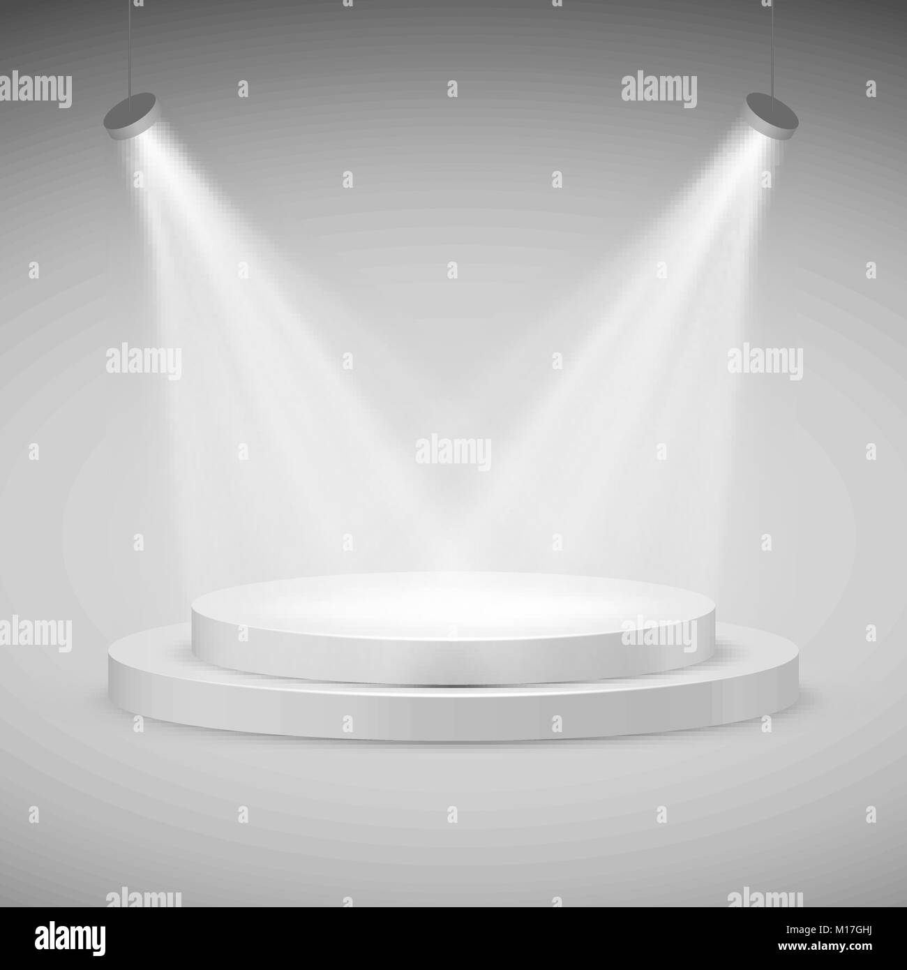 Round stage illuminated by spotlights. Realistic podium. Vector illustration Stock Vector