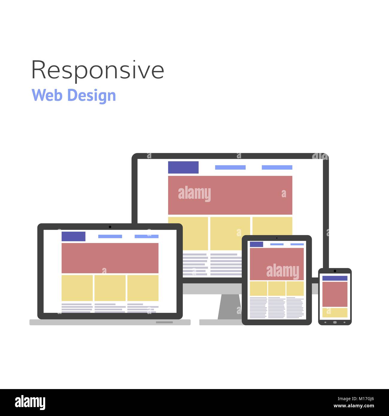 Responsive design. Web development. computer screen, smartphone, tablet, laptop set. Vector illustration Stock Vector