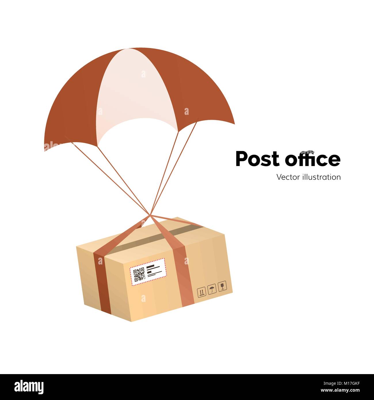 Post office. airmail delivery service. Packege with label, QR code. parcel with parachute for shipping, flat vector illustration Stock Vector
