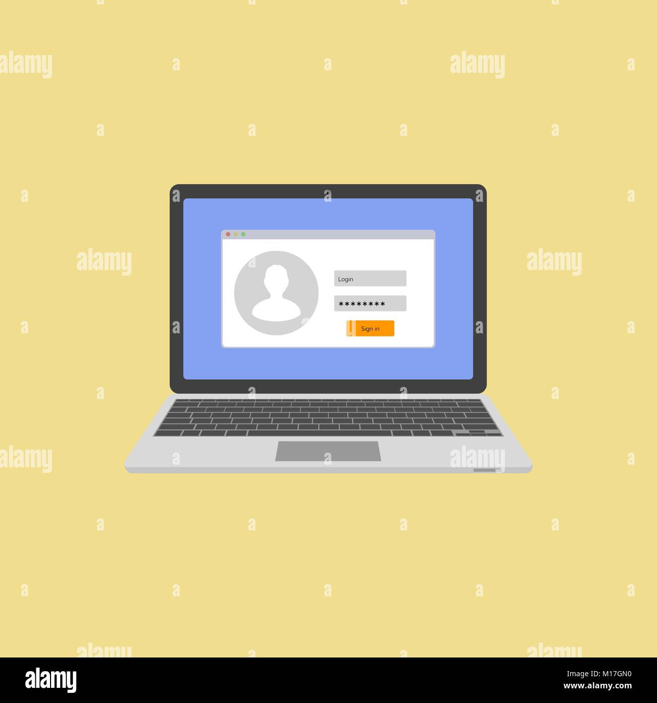 Laptop with authorization on the screen. Login and password of the user. Login to the system or account. Vector illustration Stock Vector
