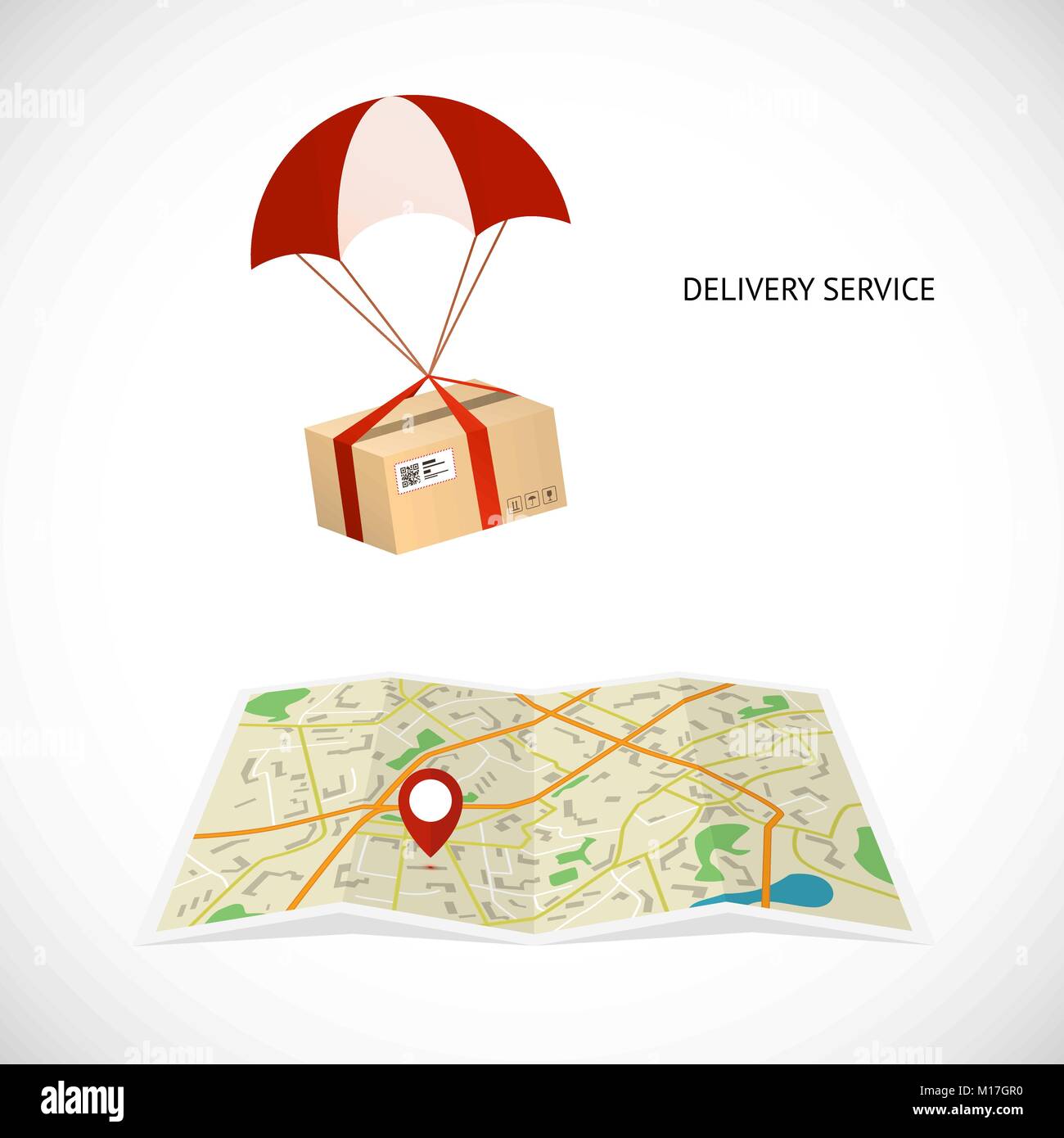 Delivery service. Package flies by parachute to the destination indicated by a pointer on the map. Vector illustration Stock Vector