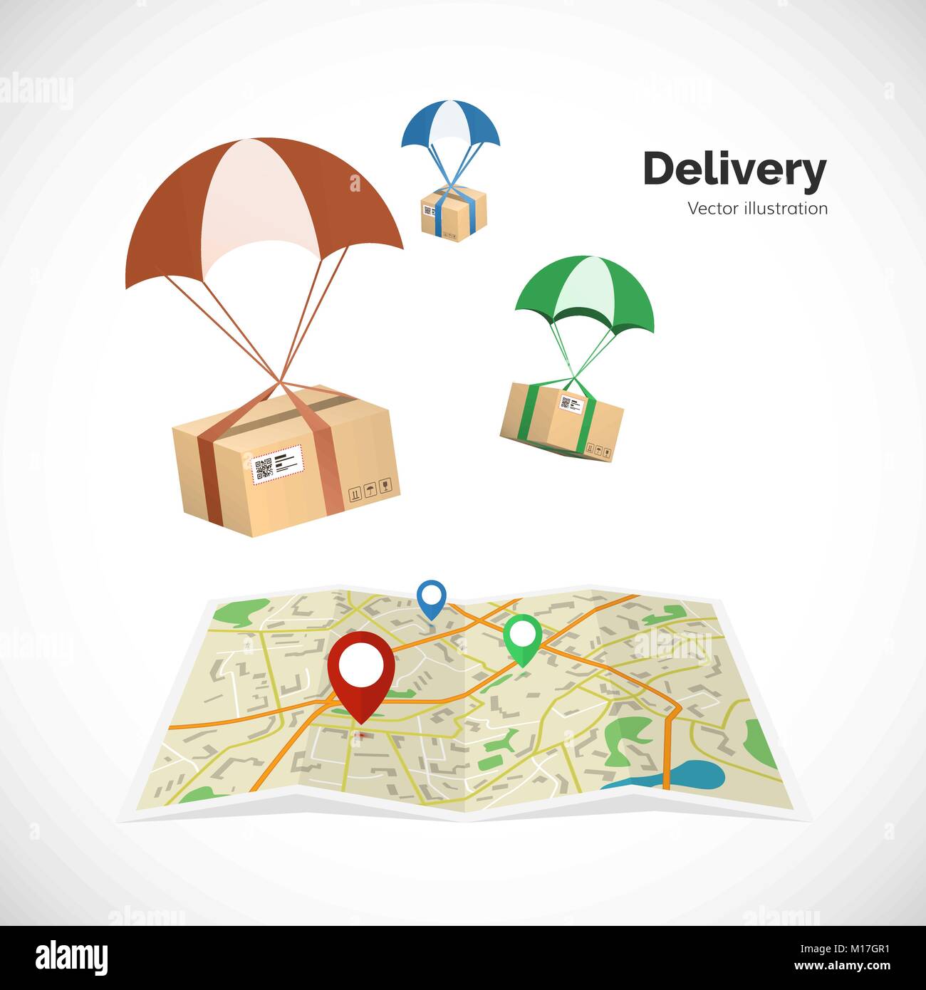 Delivery service. Parcels fly to the destination indicated on the map by the pointer. Vector illustration Stock Vector