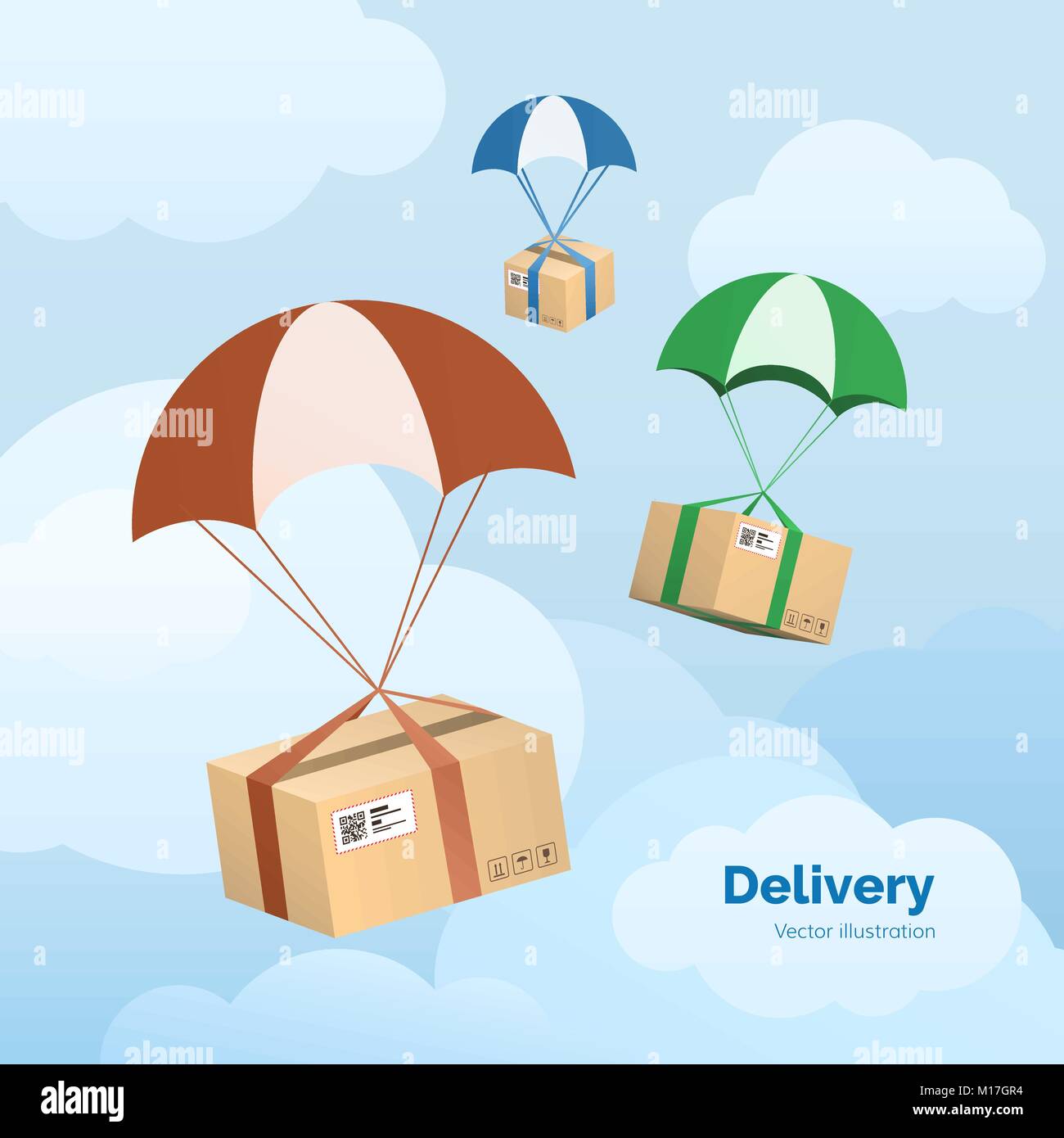 Delivery Service. Packages are flying on parachutes. Parcels in the sky. Flat vector illustration Stock Vector