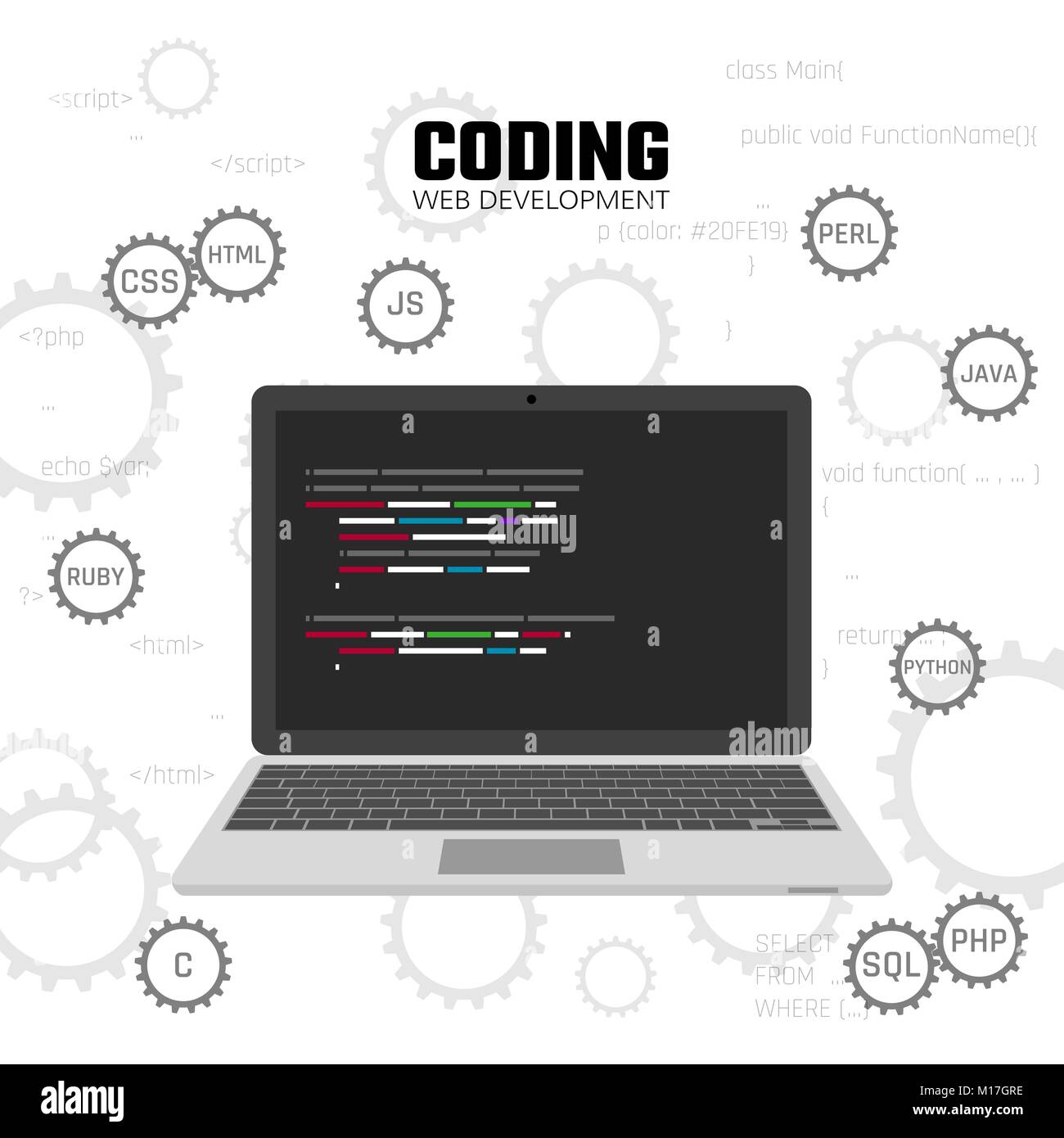 Modern languages web programming. Web development, design and coding concept. Vector illustration Stock Vector