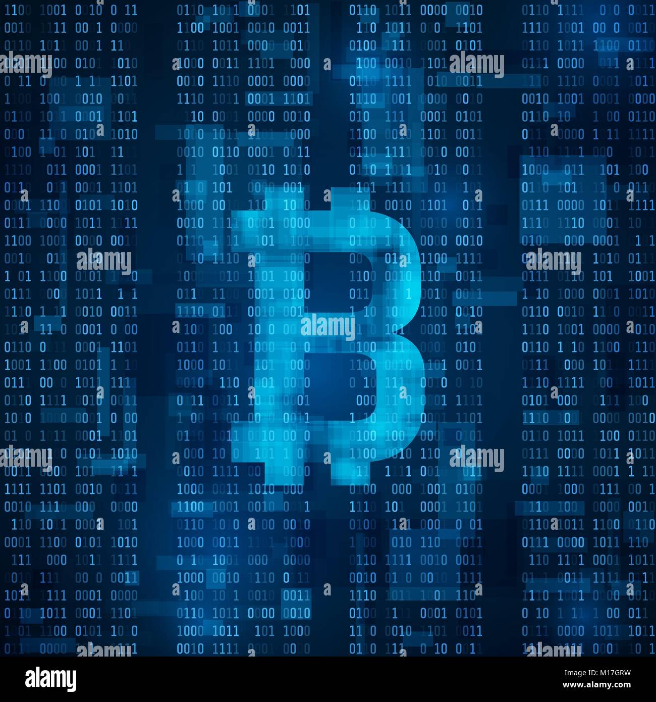 Bitcoin digital currency. Symbol of bitcoin on blue binary code ...