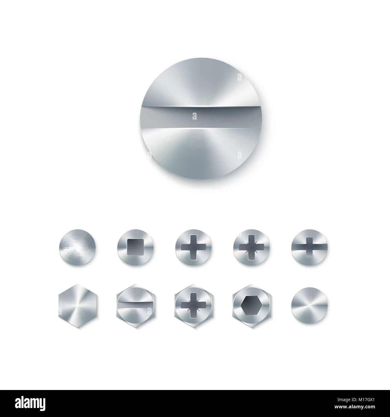 Set of head screws and bolts, nails and rivet isolated on white