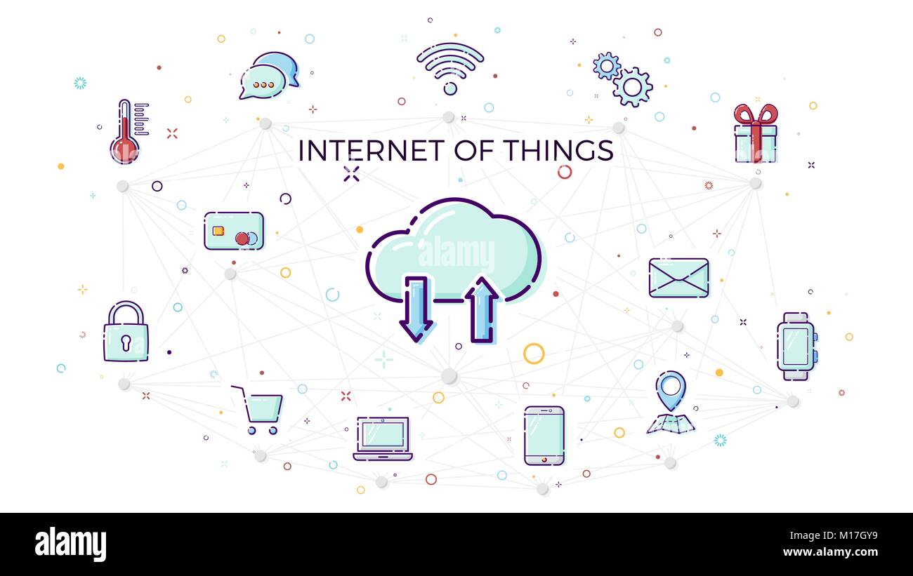 Concept Internet of things. Cloud network concept for connected smart devices. Vector illustration of IoT and network connections icons in white backg Stock Vector