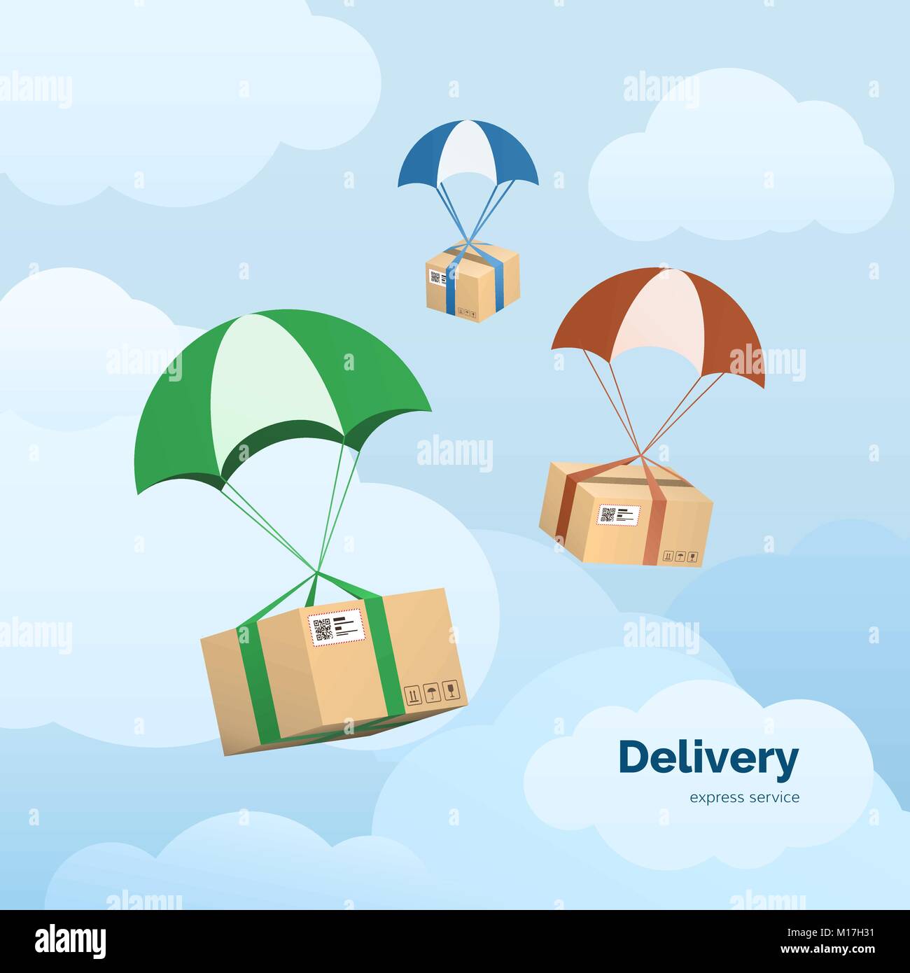 Delivery Services and Commerce. Packages flying on parachutes. Flat vector illustration elements isolated on sky background Stock Vector