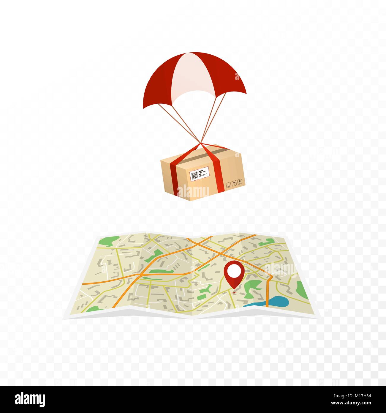 Concept courier service. Logistic and delivery packages. Package flies to the destination on the map. Flat vector illustration isolated on transparent Stock Vector