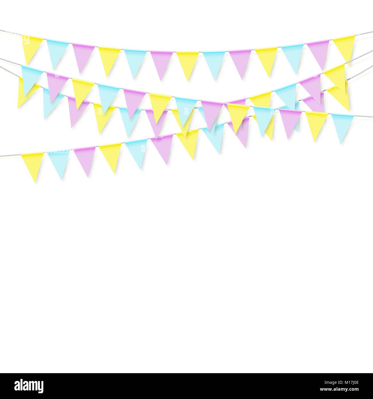 Colorful realistic soft colorful flag garland with shadow. Celebrate banner, party flags. Vector illustration isolated on white background Stock Vector