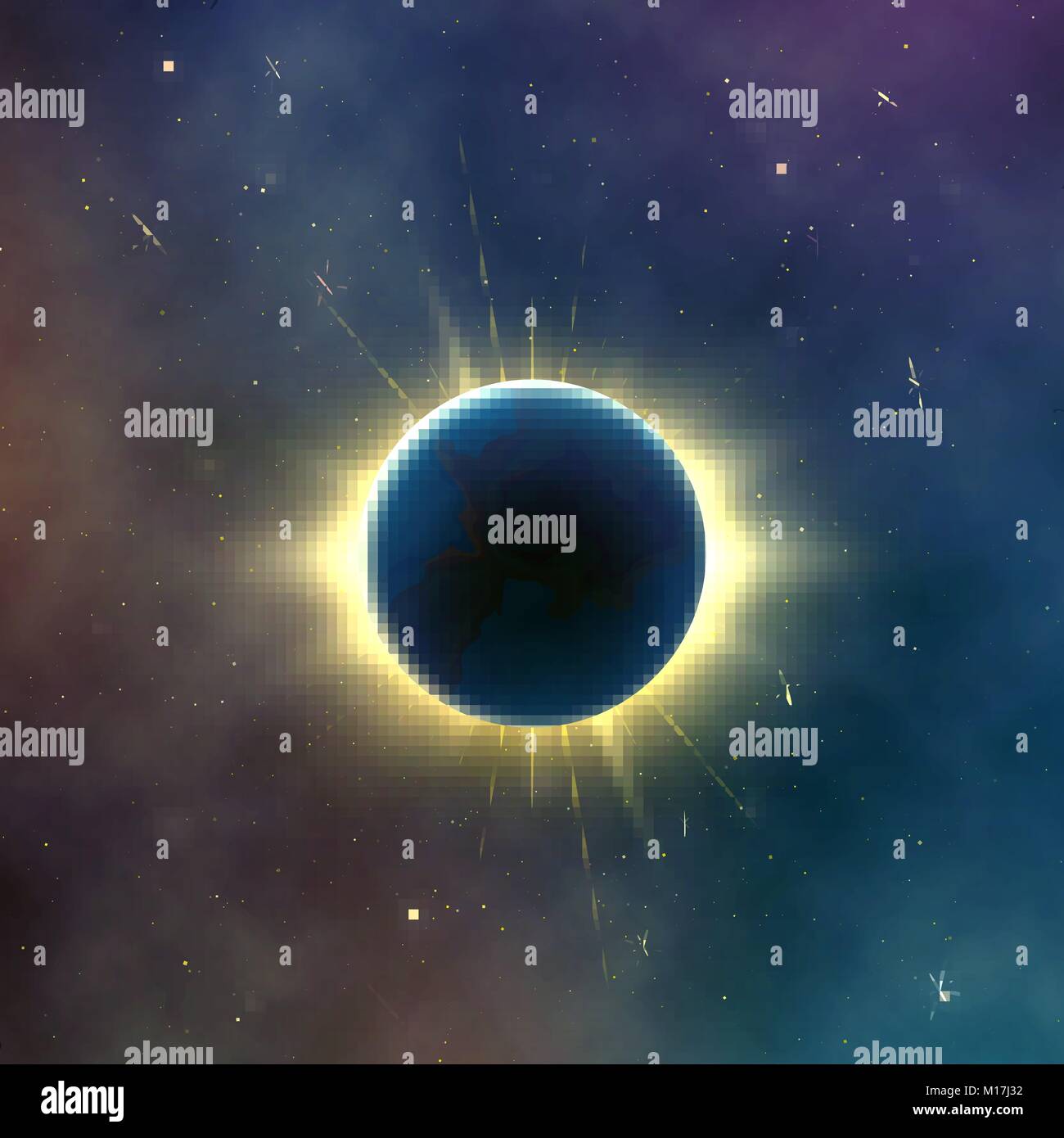 Astronomy effect solar eclipse. Abstract starry galaxy background. Vector illustration Stock Vector