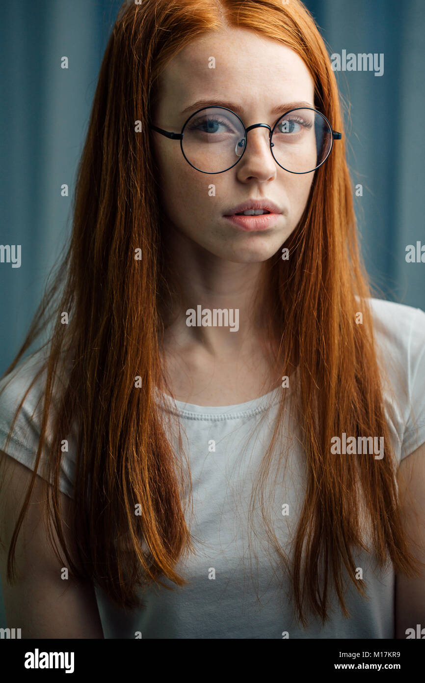 Beautiful Red Haired Girl Face With Glasses Closeup Stock