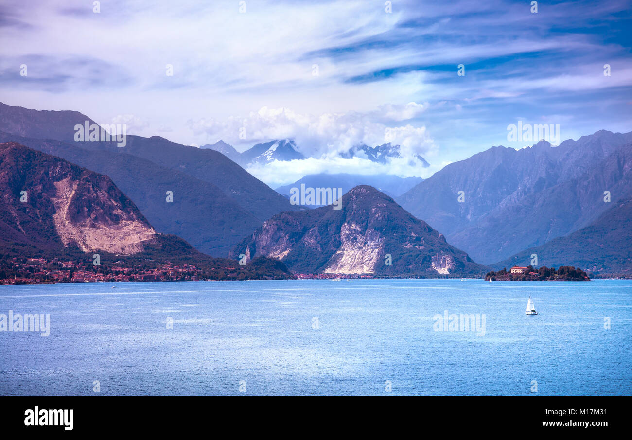 Maggiore lake and Monte Rosa, Weissmies, Lagginhorn Alps mountein, Stresa Piedmont Italy Europe Stock Photo