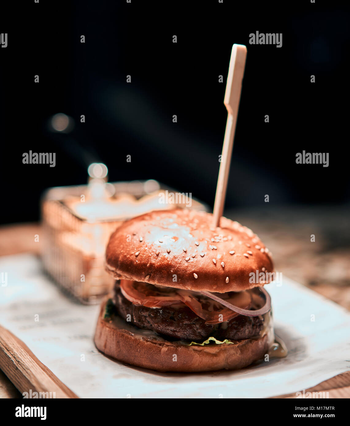 juicy big hamburger on the results Stock Photo