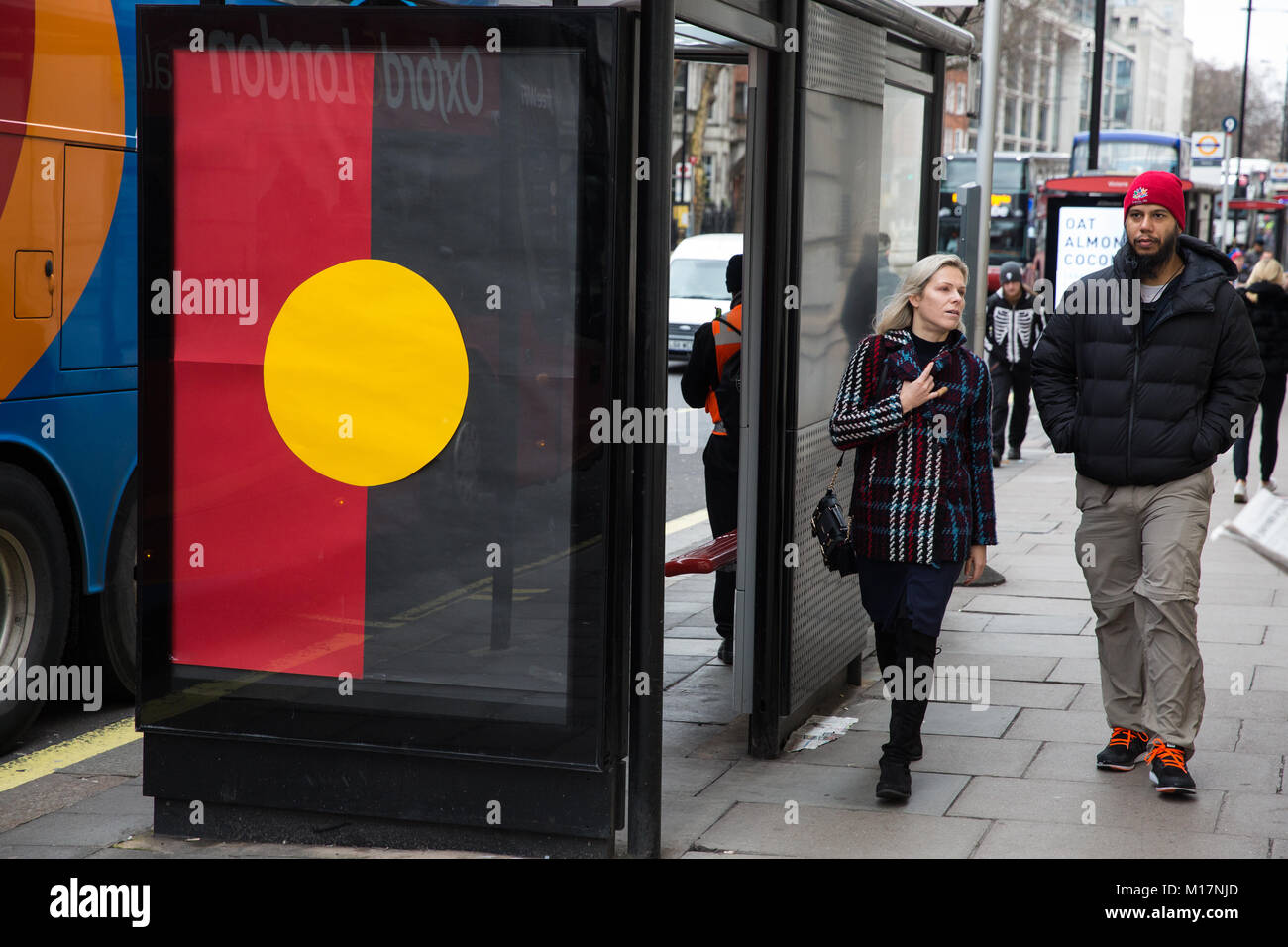 London, UK. 27th January, 2018. A number of Australian Aboriginal flags appeared around London on Australia Day. The celebration of Australia Day is controversial and tens of thousands of protesters marched against it on the streets of Australia. Many, including aboriginal activists, have called for the abolition of Australia Day, often referred to by critics as Invasion Day or Survival Day. Credit: Mark Kerrison/Alamy Live News Stock Photo
