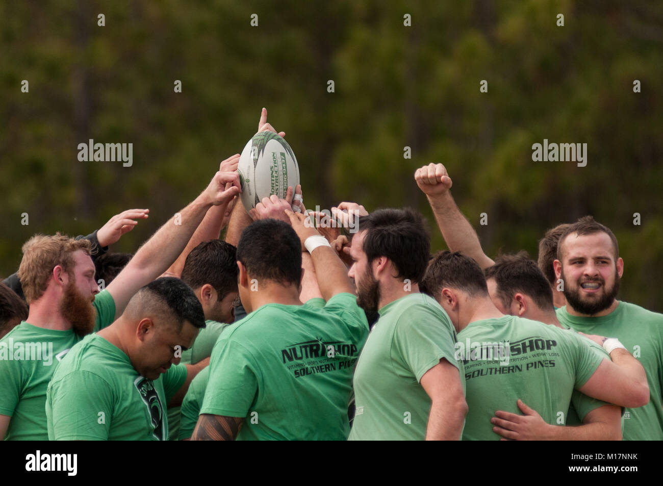 Southern Pines, N.C, USA. 27th Jan, 2018. January 27, 2018 - Southern Pines, N.C., USA - The Southern Pines Big Cones break their team huddle before their non-conference rugby match against the Clemson Tigers Rugby Club, at the National Athletic Village in Southern Pines, N.C. Southern Pines defeated Clemson, 34-29 in the tune-up match before Southern Pines starts the second half of Carolina Rugby Union matrix play next week. Credit: Timothy L. Hale/ZUMA Wire/Alamy Live News Stock Photo