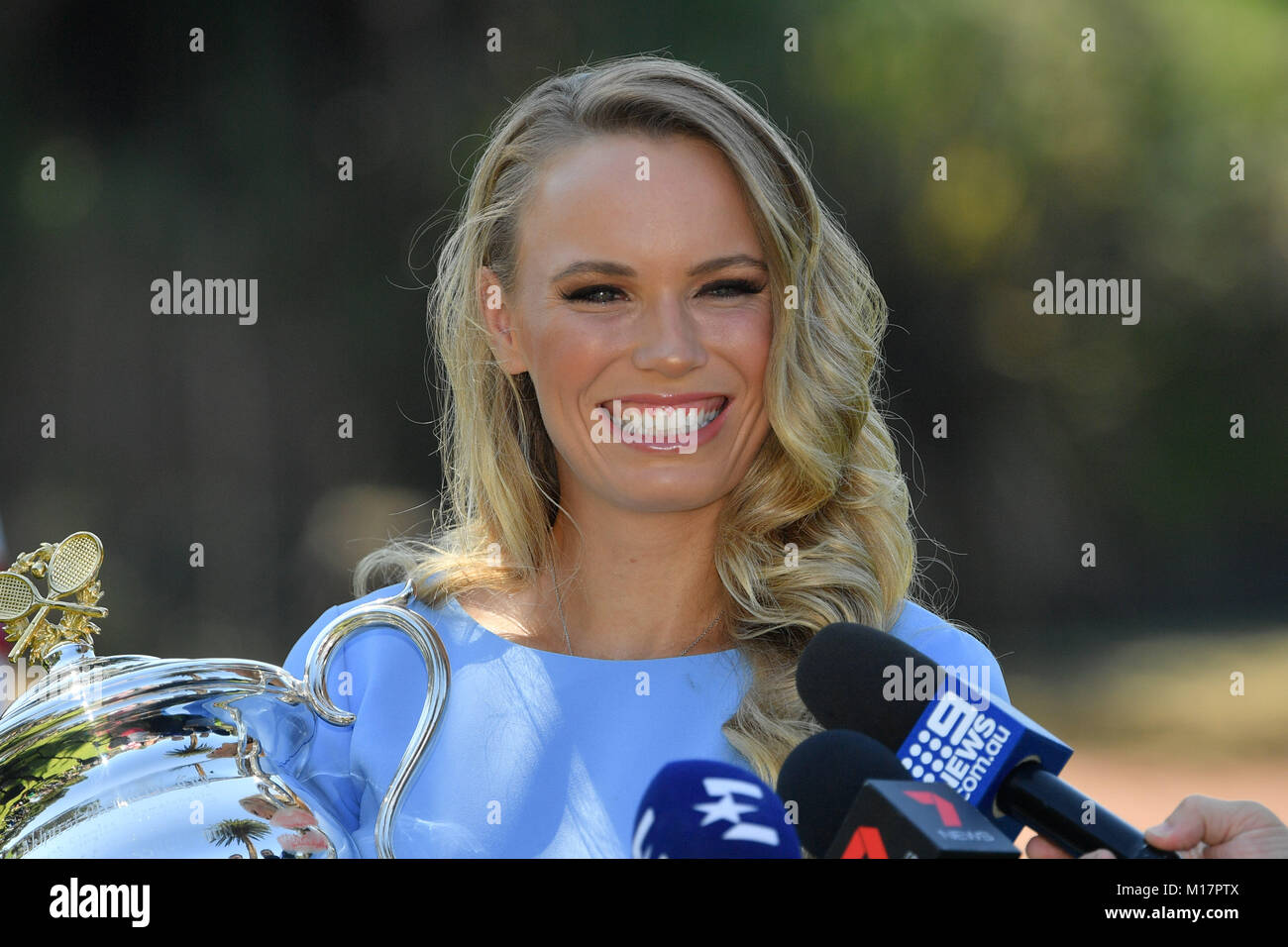 Melbourne, Australia. 28th Jan, 2018. The 2018 Australian Open Women's Champion Caroline Wozniacki of Denmark speaks to the media at the Botanical Gardens in Melbourne, Australia. Sydney Low/Cal Sport Media/Alamy Live News Stock Photo