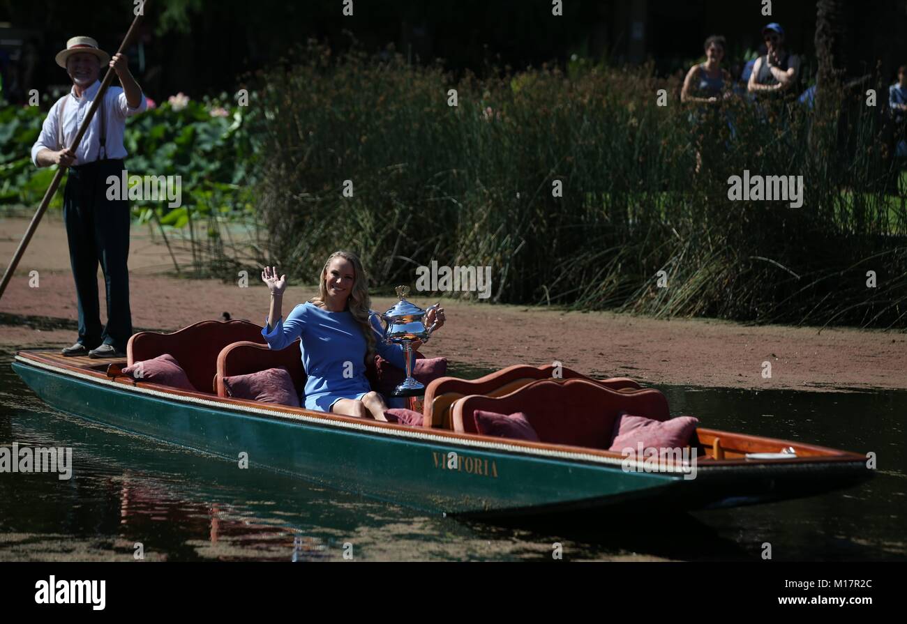 Melbourne, Australia. 28th Jan, 2018. Caroline Wozniacki of Denmark poses with her Australian Open trophy, the Daphne Akhurst Memorial Cup in the Royal Botanical Gardens in Melbourne, Australia, Jan. 28, 2018. Credit: Bai Xuefei/Xinhua/Alamy Live News Stock Photo