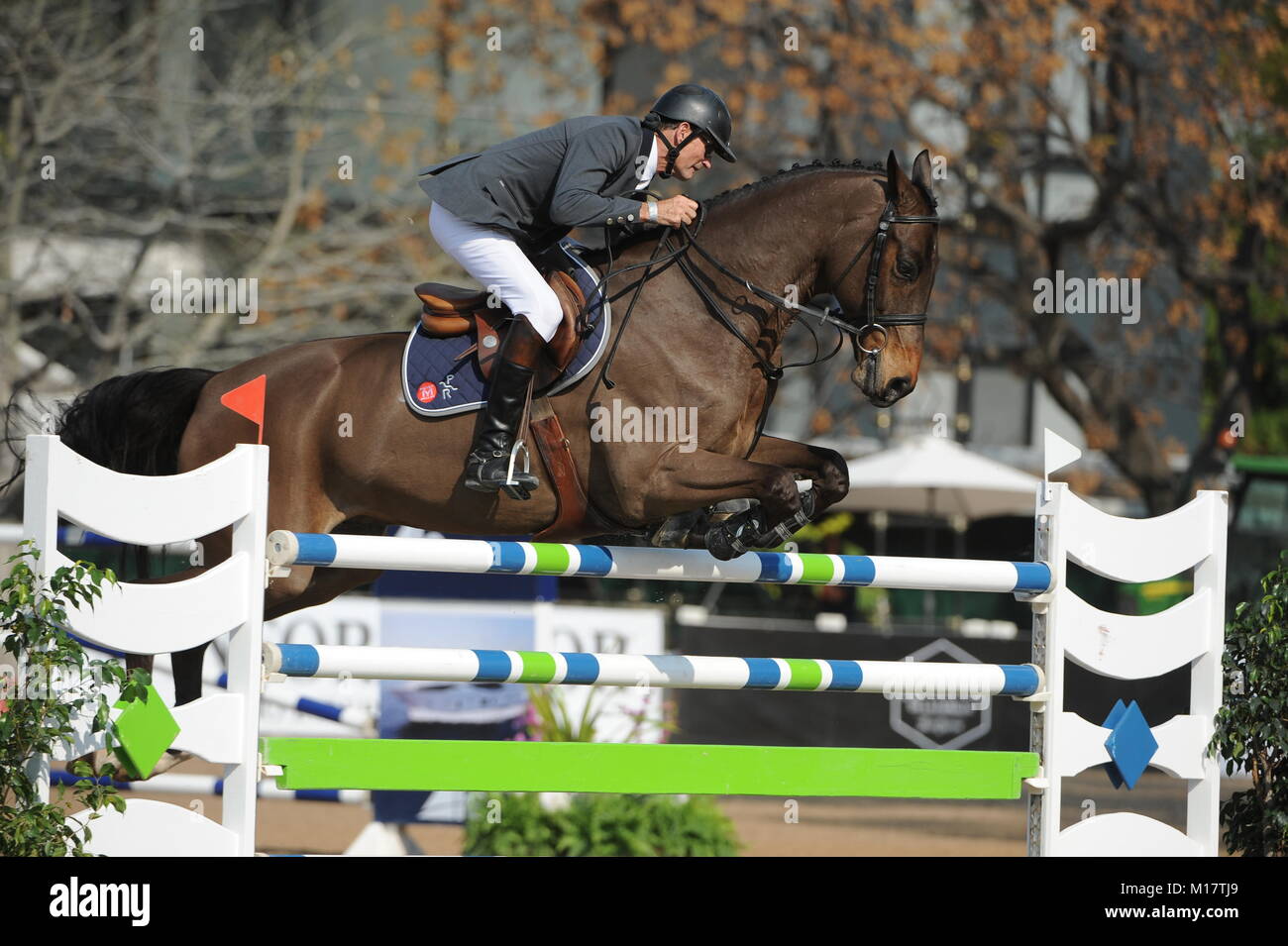 Guadalajara, Jalisco, Mexico. 27th January, 2018. CSI 4*, Longines World Cup, 4th place Eric Navet (FRA) riding Catypso. Credit: Peter Lewellyn/Alamy News Stock Photo