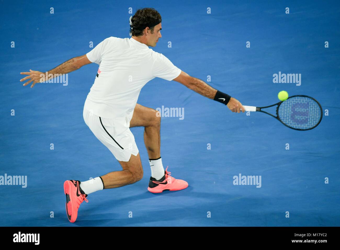 Melbourne, Australia. 28th Jan, 2018. Number two seed Roger Federer of Switzerland in action in the Men's Final against number six seed Marin Cilic of Croatia on day fourteen of the 2018 Australian Open Grand Slam tennis tournament in Melbourne, Australia. Sydney Low/Cal Sport Media/Alamy Live News Stock Photo