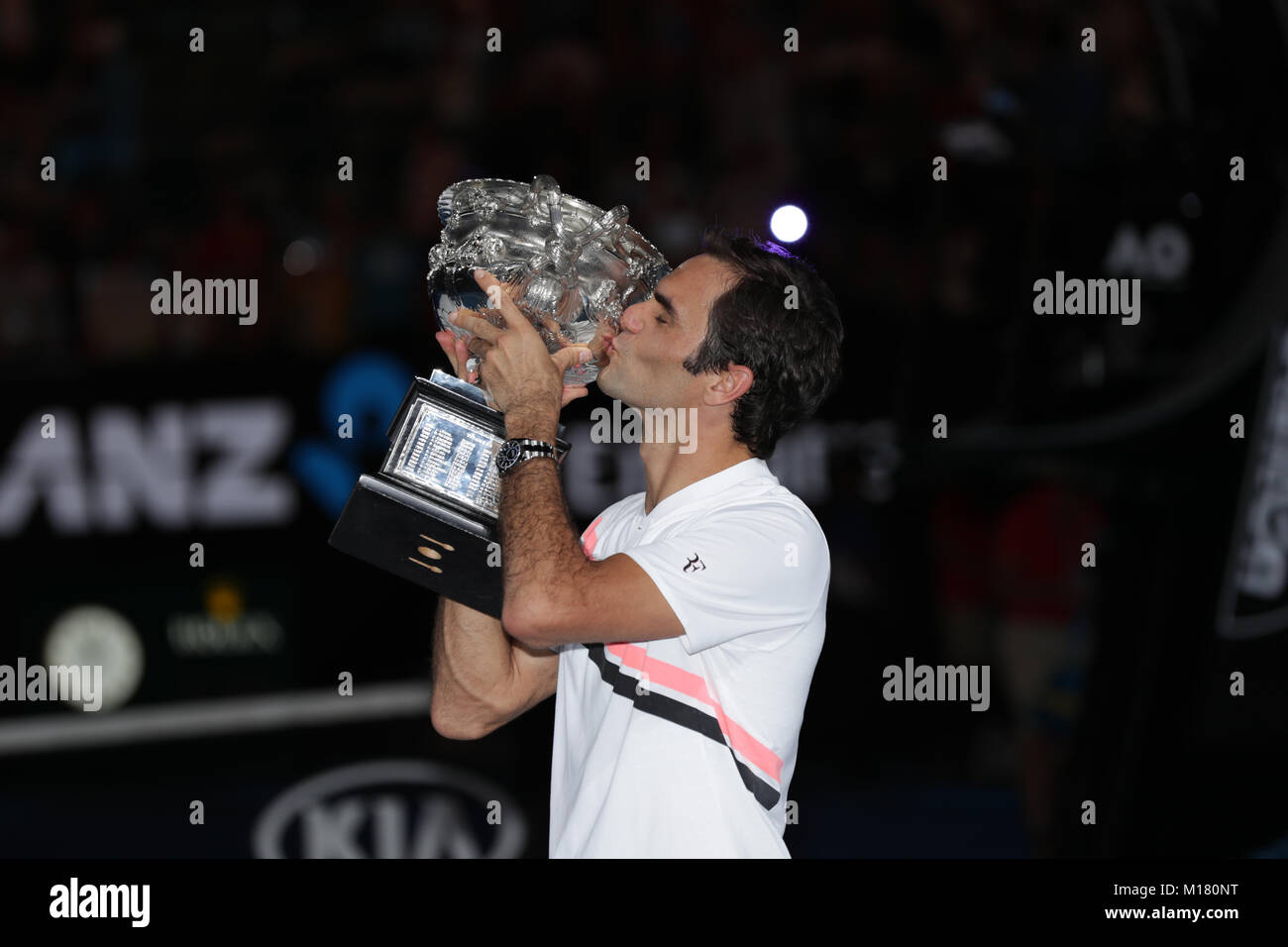 Melbourne, Australia. 28th January 2018. Swiss tennis player Roger Federer is in action during his finals match at the Australian Open vs Bosniac tennis player Marin Cilic on Jan 28, 2018 in Melbourne, Australia.- ©Yan Lerval/Alamy Live News Stock Photo