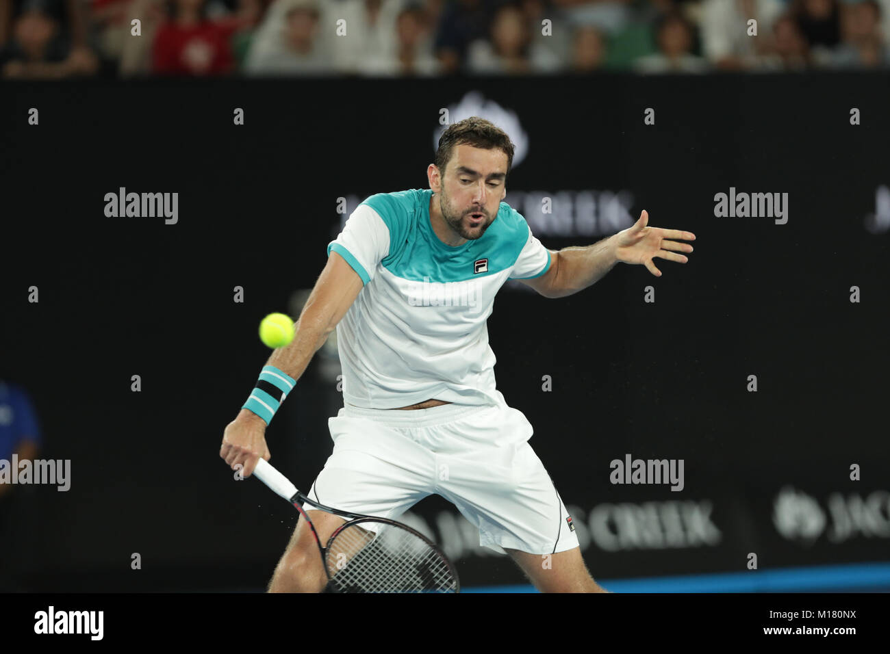 Melbourne, Australia. 28th January 2018. Bosniac tennis player Marin Cilic is in action during his finals match at the Australian Open vs Swiss tennis player Roger Federer on Jan 28, 2018 in Melbourne, Australia.- ©Yan Lerval/Alamy Live News Stock Photo