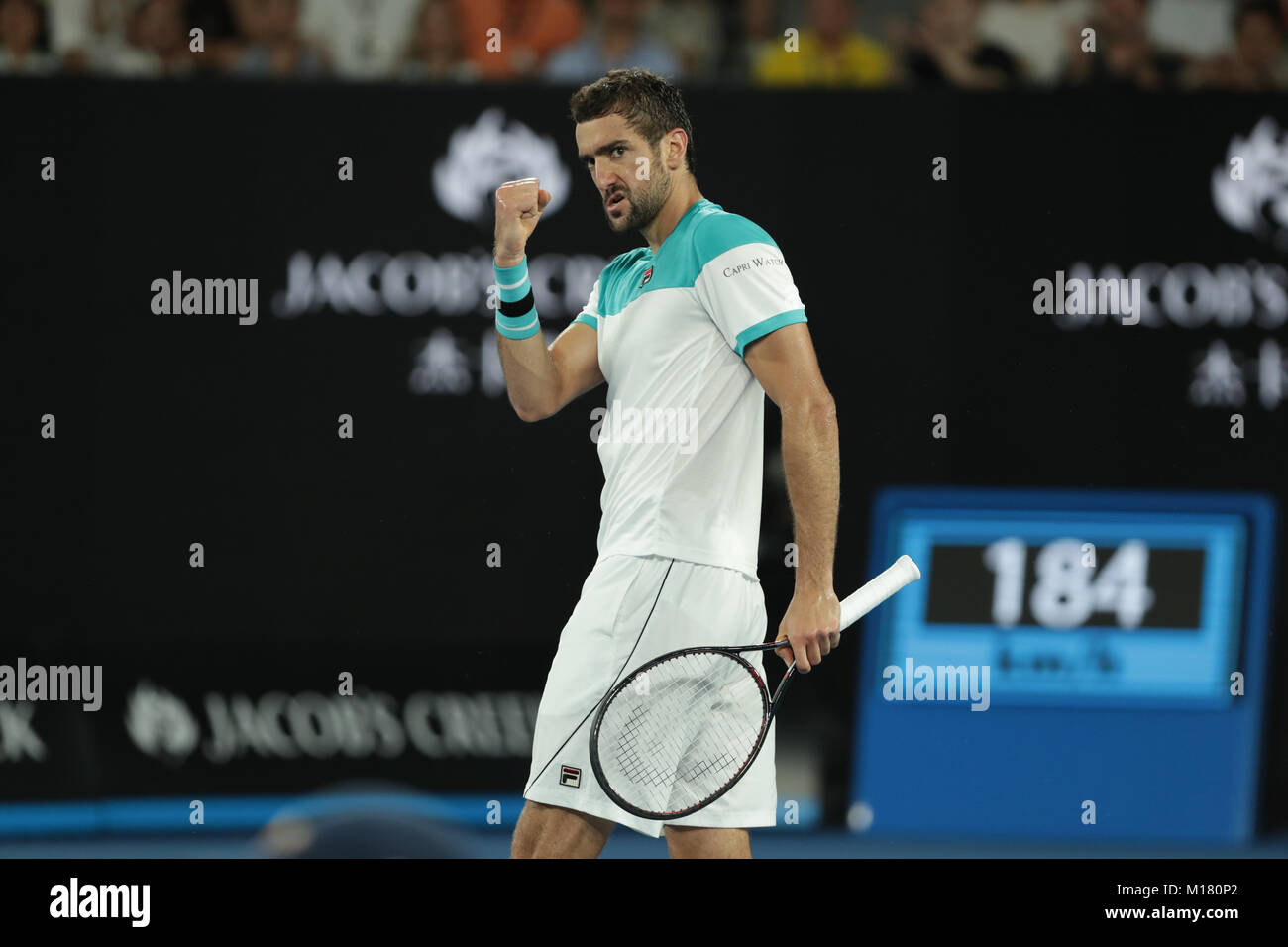 Melbourne, Australia. 28th January 2018. Bosniac tennis player Marin Cilic is in action during his finals match at the Australian Open vs Swiss tennis player Roger Federer on Jan 28, 2018 in Melbourne, Australia.- ©Yan Lerval/Alamy Live News Stock Photo