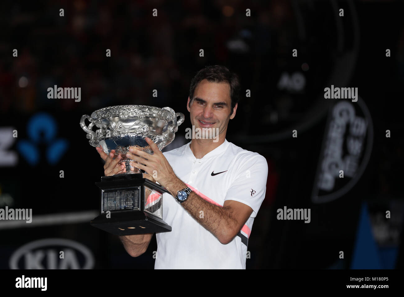 Melbourne, Australia. 28th January 2018. Swiss tennis player Roger Federer is in action during his finals match at the Australian Open vs Bosniac tennis player Marin Cilic on Jan 28, 2018 in Melbourne, Australia.- ©Yan Lerval/Alamy Live News Stock Photo