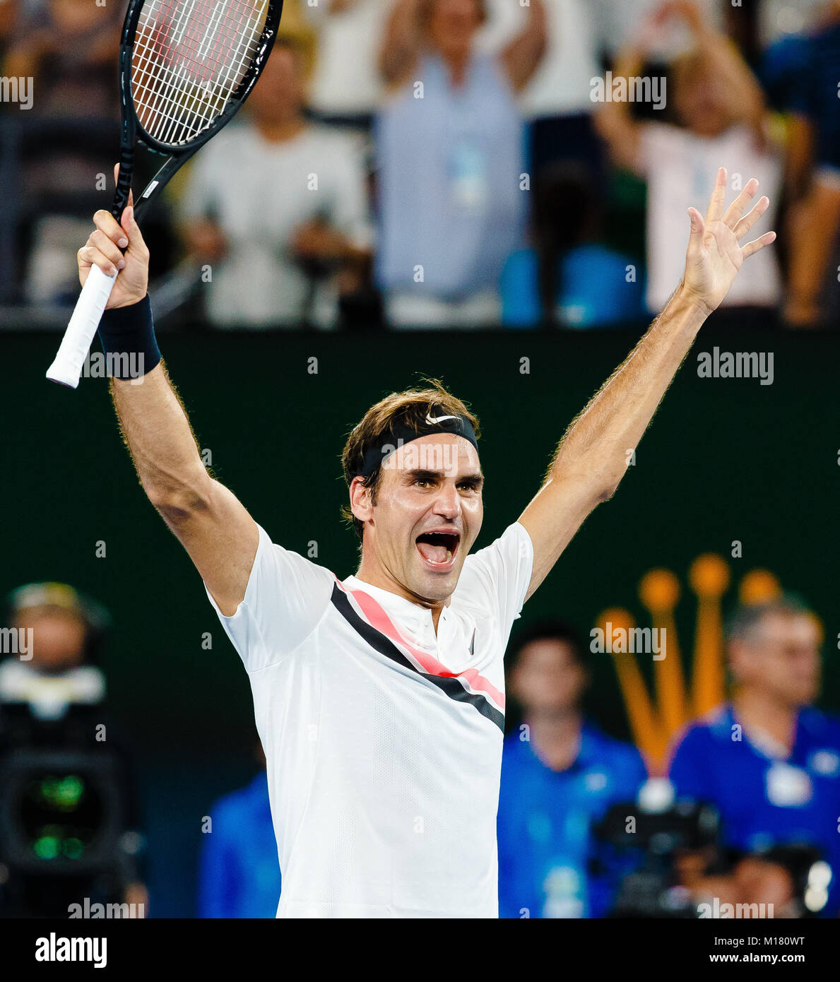 Melbourne, Australia, 28th January 2018: Swiss tennis player Roger Federer  wins his 20th Grand Slam title at the 2018 Australian Open at Melbourne  Park. Credit: Frank Molter/Alamy Live News Stock Photo - Alamy