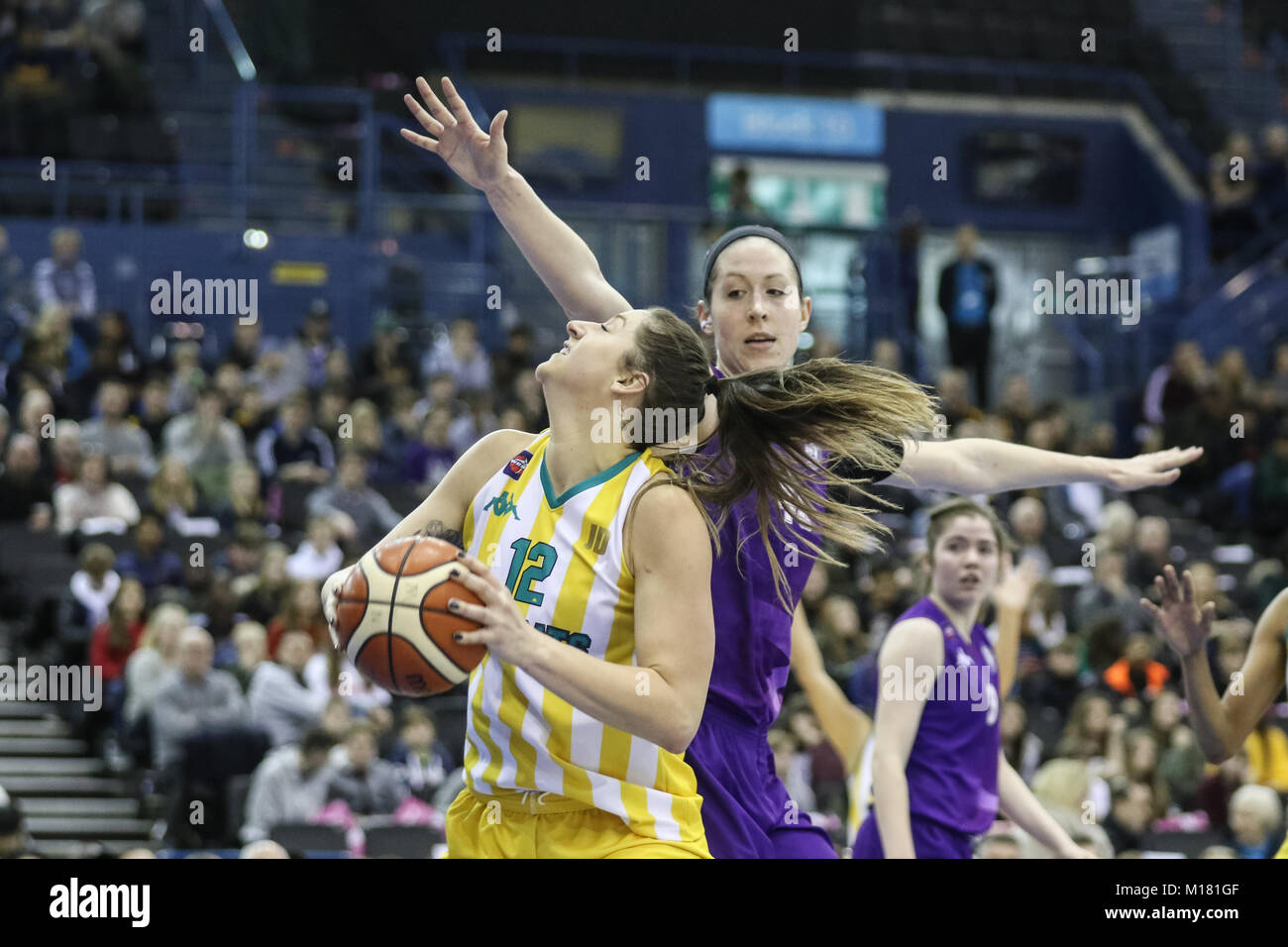 Birmingham, UK, 28th January, 2018. British Basketball, WBBL cup final between Nottingham Wildcats and Caledonia Pride. Wildcats' no 12 Ashley Harris with the ball. Arena Birmingham. Credit: Carol Moir / Alamy Live News. Stock Photo