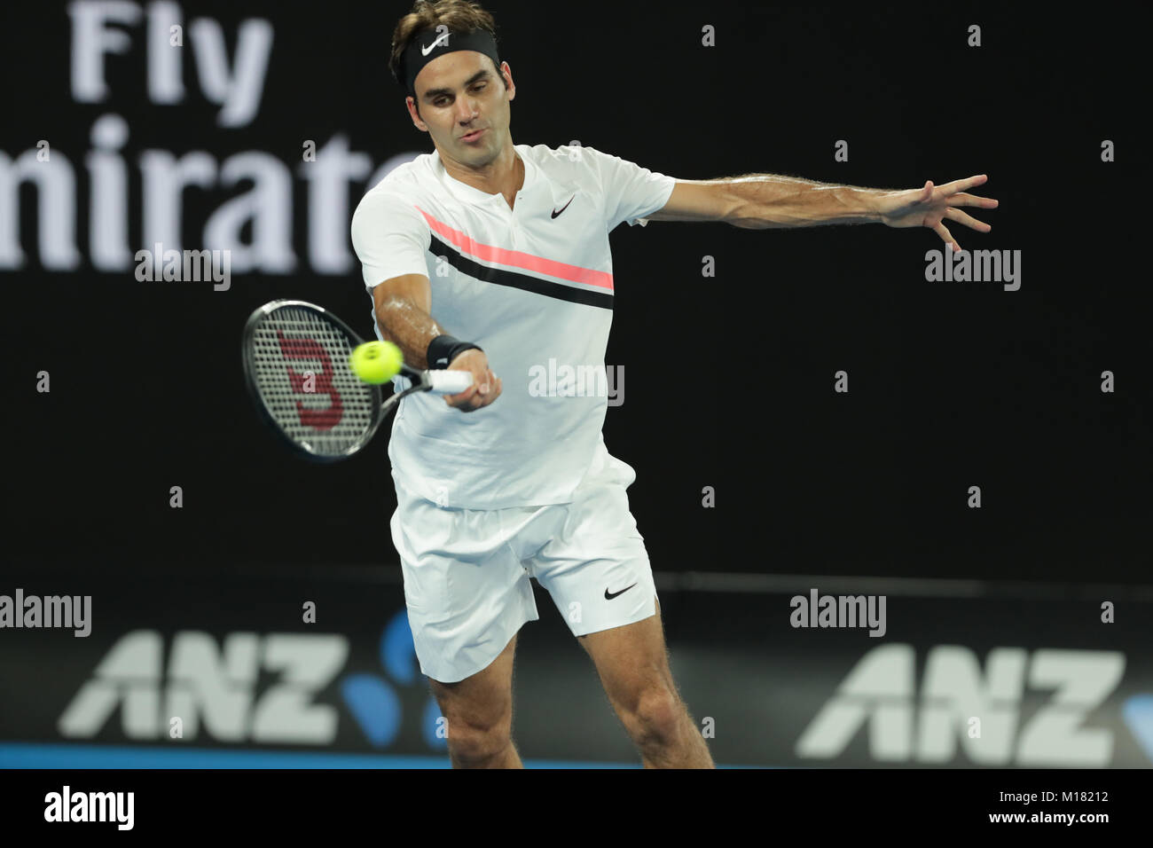 Melbourne, Australia. 28th January 2018. Swiss tennis player Roger Federer is in action during his 1st round match at the Australian Open vs Bosniac tennis player Marin Cilic on Jan 28, 2018 in Melbourne, Australia. Credit: YAN LERVAL/AFLO/Alamy Live News Stock Photo