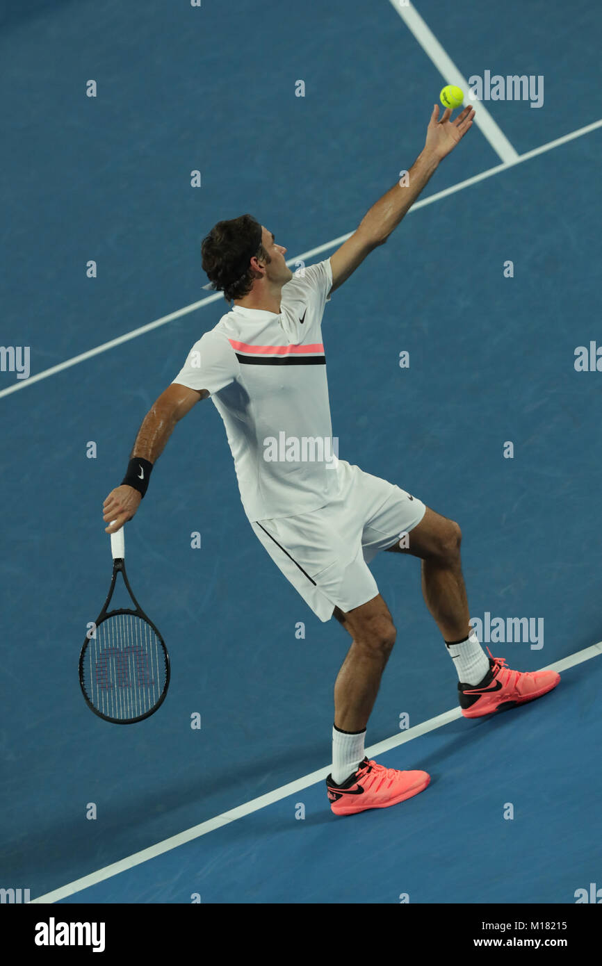 Melbourne, Australia. 28th January 2018. Swiss tennis player Roger Federer is in action during his 1st round match at the Australian Open vs Bosniac tennis player Marin Cilic on Jan 28, 2018 in Melbourne, Australia. Credit: YAN LERVAL/AFLO/Alamy Live News Stock Photo