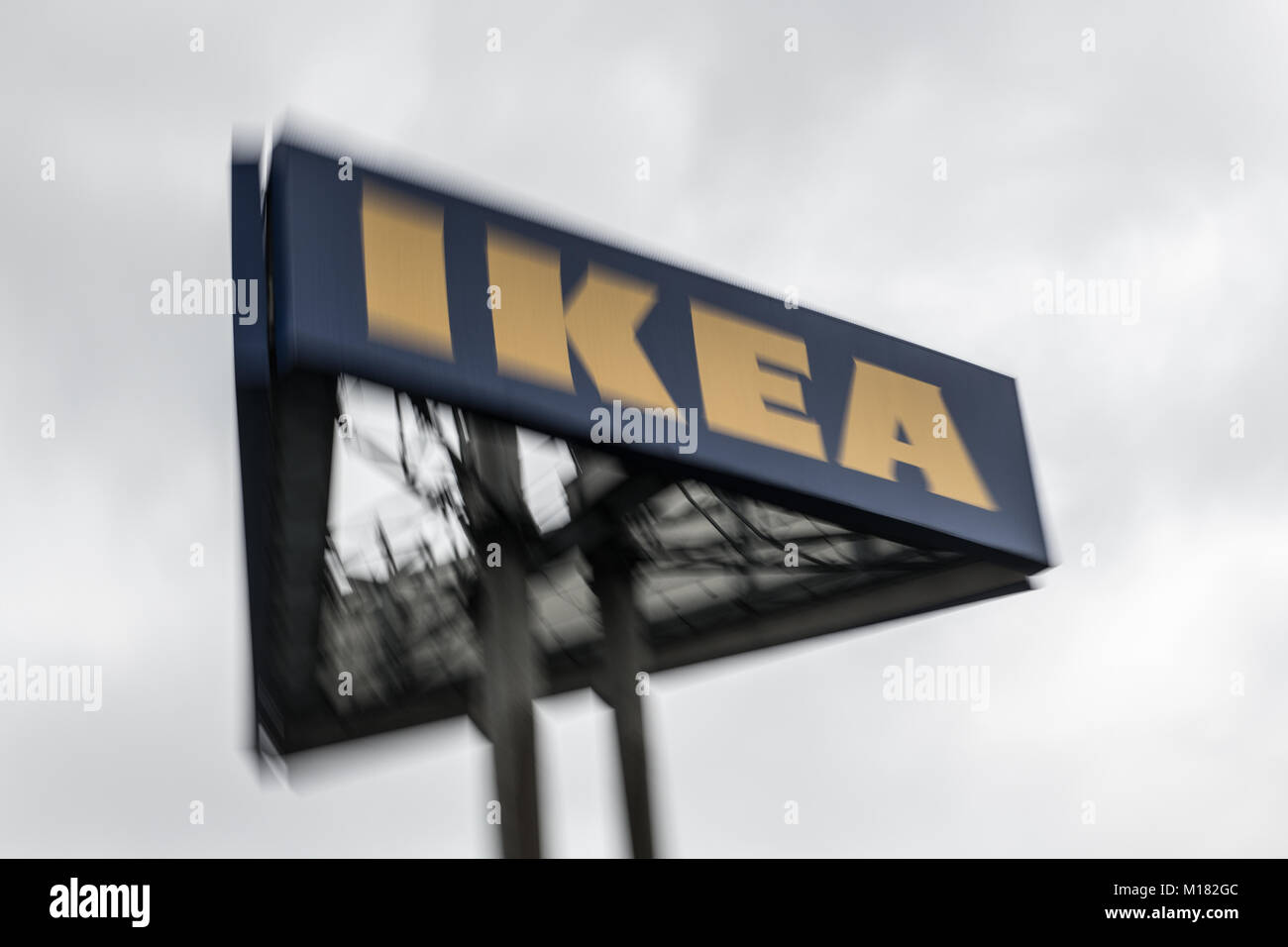 Berlin, Germany. 28th Jan, 2018. The logo of Ikea in Berlin, Germany, 28 January 2018. The founder of the Swedish furniture entreprise Kamprad has passed away at the age of 91, his company said today. He fell asleep peacefully inside his home in the region Smaland. Credit: Paul Zinken/dpa/Alamy Live News Stock Photo