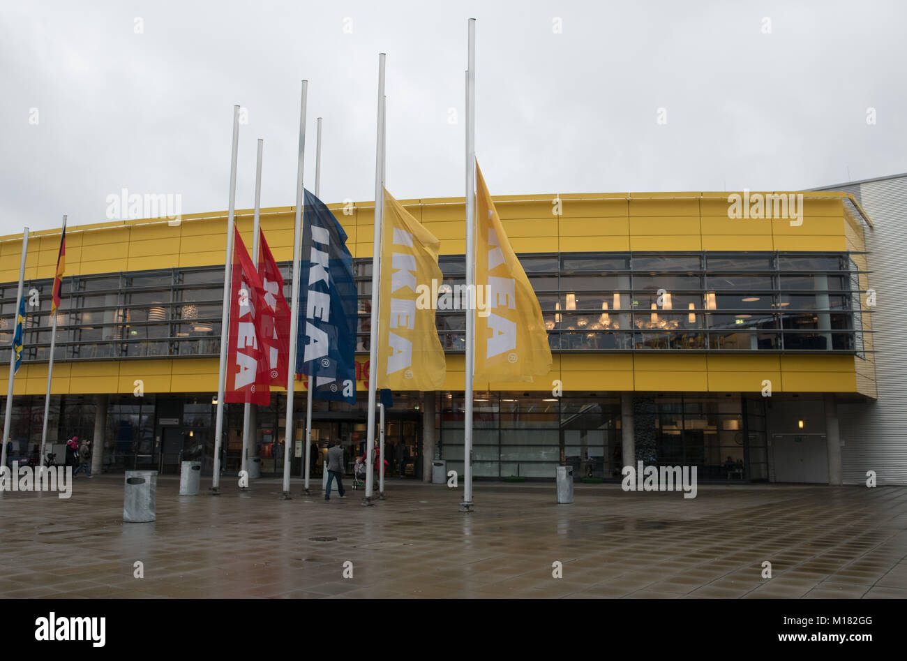 Berlin, Germany. 28th Jan, 2018. The flags in front of Ikea are at half mast after the death of Ikea founder Kamprad, in Berlin, Germany, 28 January 2018. The founder of the Swedish furniture entreprise has passed away at the age of 91, his company said today. He fell asleep peacefully inside his home in the region Smaland. Credit: Paul Zinken/dpa/Alamy Live News Stock Photo
