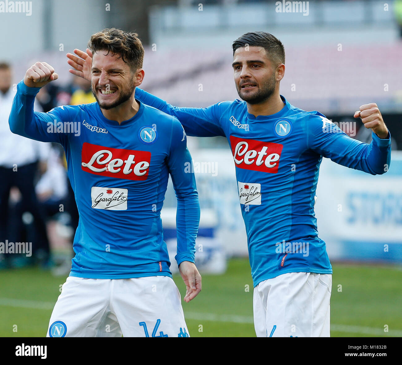 Naples, Campania, Italy. 28th Jan, 2018. Dries Mertens and Lorenzo Insigne  of SSC Napoli celebrates after scoring during the Italian Serie A match  between SSC Napoli and Bologna at San Paolo Stadium.