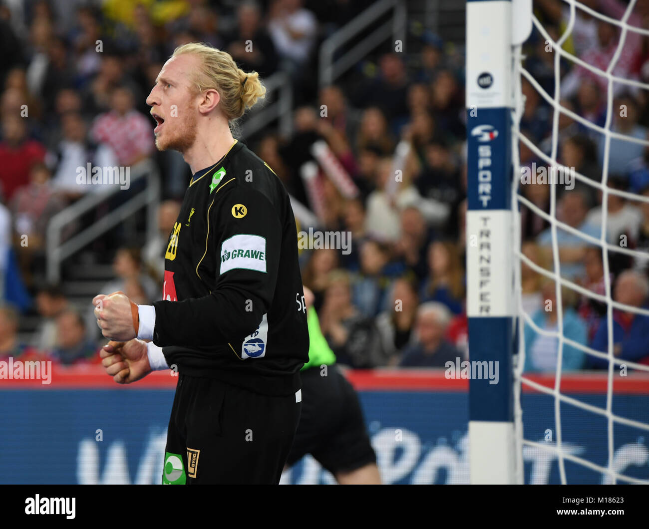 Zagreb, Croatia. 28th Jan, 2018. Sweden goalie Mikael Appelgren celebrates during the European
