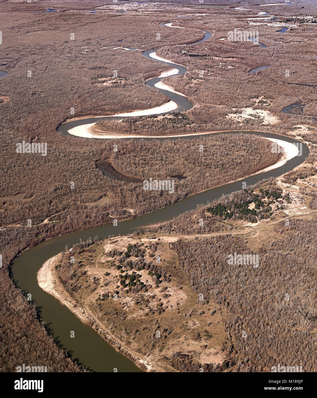 Aerial view of meandering river with oxbow lake in Texas Stock Photo