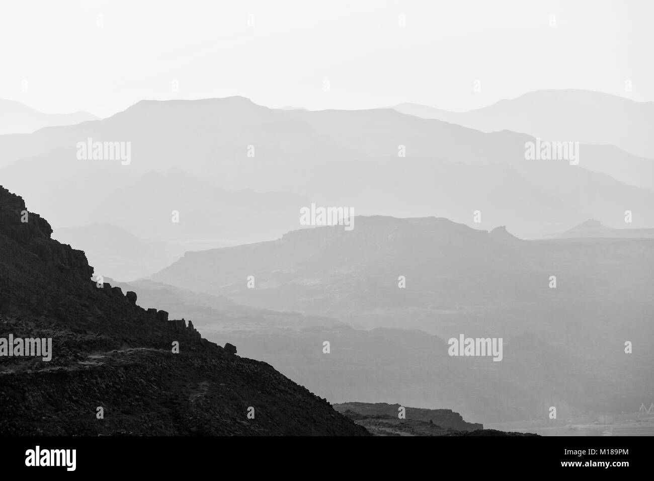 View of the Dead Sea and the mountains of Jordan (monochrome) Stock Photo